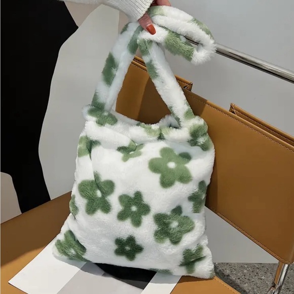 Handbags - Flower Pattern Plush Tote Bag, Colorblock Furry Shoulder Bag. NEW IN PACKAGE